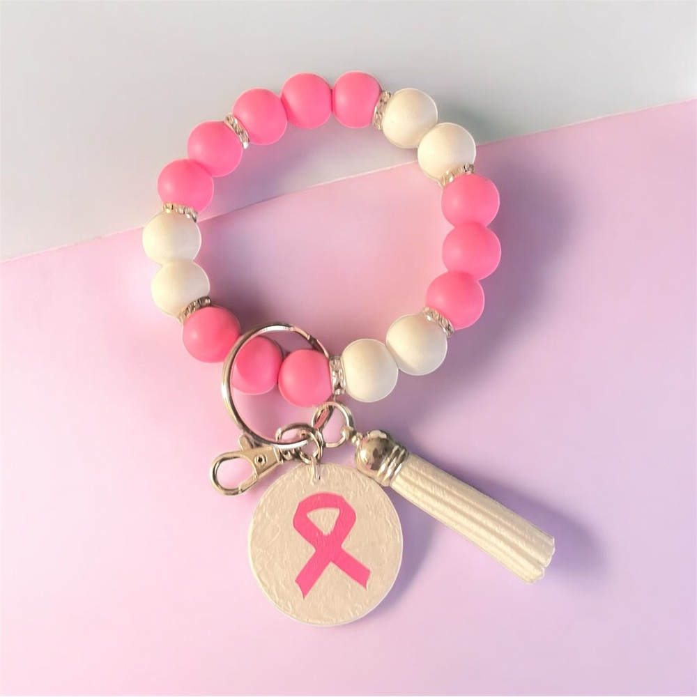 Breast Cancer Awareness Silicone Beaded Keychain Bracelet Pink & White w/Charm